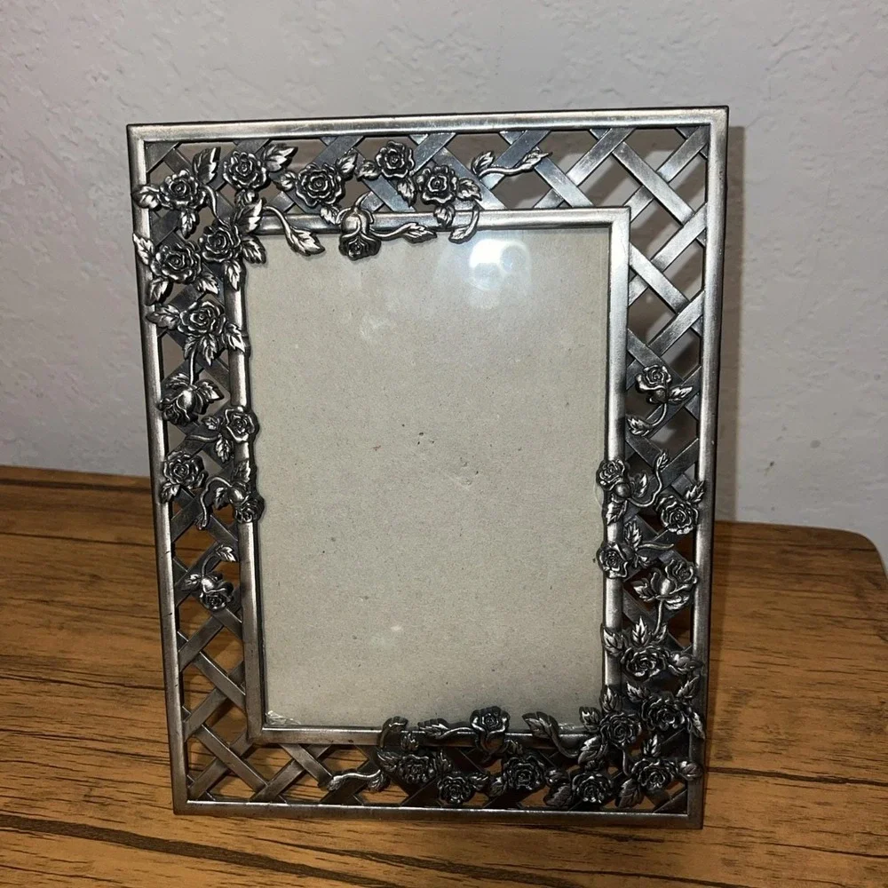 Vintage Pewter Floral Picture Frame 5x7 Rose Lattice Design - Freestanding
